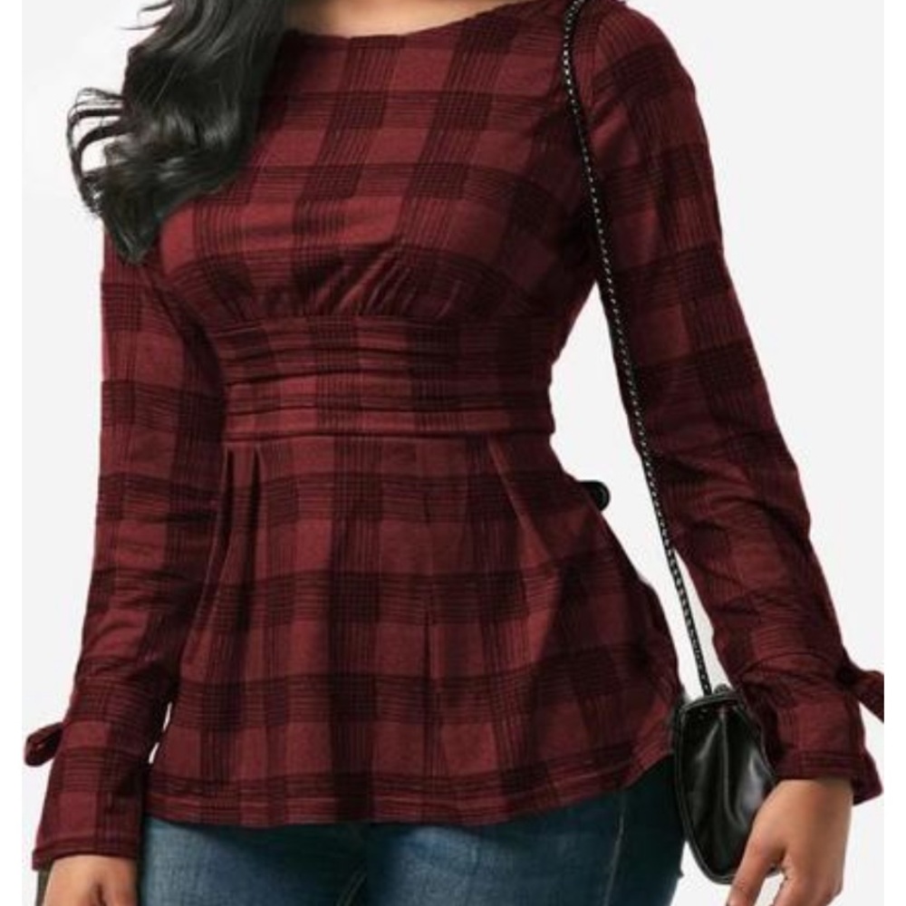 Red-Black Plaid Print Backless Pleated Peplum